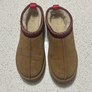 Cozy Tan Slippers with Red Trim